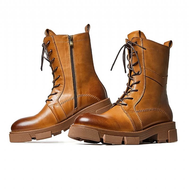 Herrestøvler Saueskinn Chic Vintage Kort Glidelås Chunky Martin-støvler - Brun