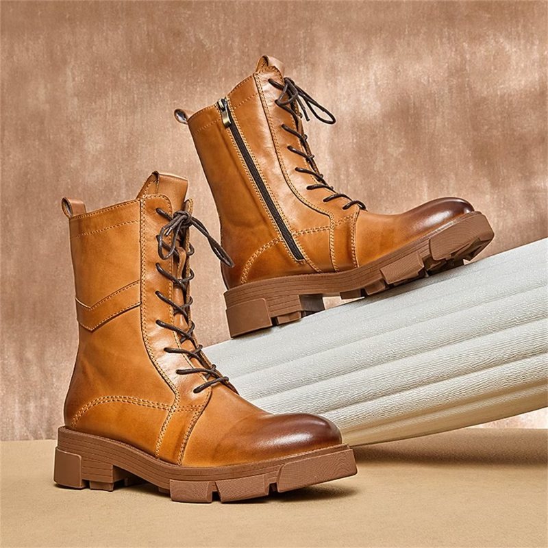 Herrestøvler Saueskinn Chic Vintage Kort Glidelås Chunky Martin-støvler - Brun