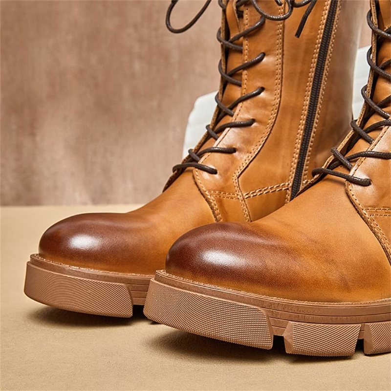 Herrestøvler Saueskinn Chic Vintage Kort Glidelås Chunky Martin-støvler - Brun
