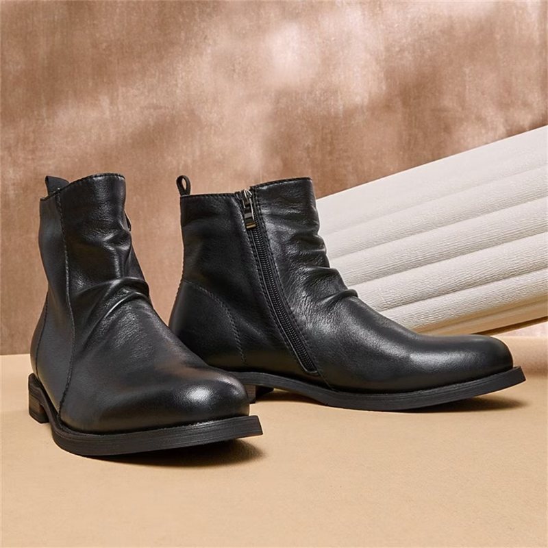 Herrestøvler Saueskinn Chic Vintage Kort Glidelås Cut-out Martin Boots - Svart