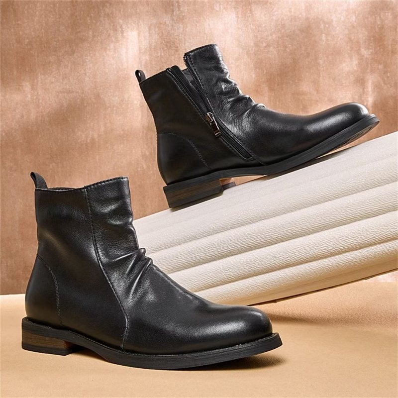 Herrestøvler Saueskinn Chic Vintage Kort Glidelås Cut-out Martin Boots - Svart