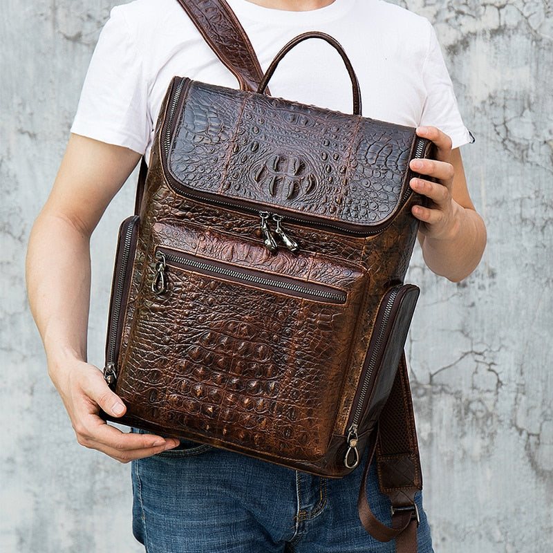Ryggsekker Herre Vintage Chic Alligator Leather Tech Reiseryggsekk - Kaffe